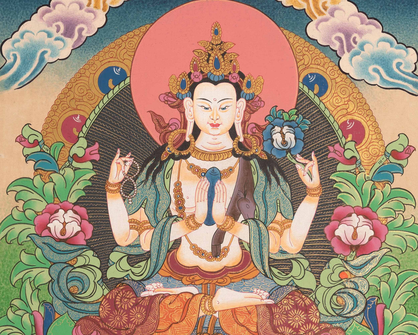 Hand Painted Avalokiteshvara Chengrezig Thangka With Brocade | Deity Of Compassion