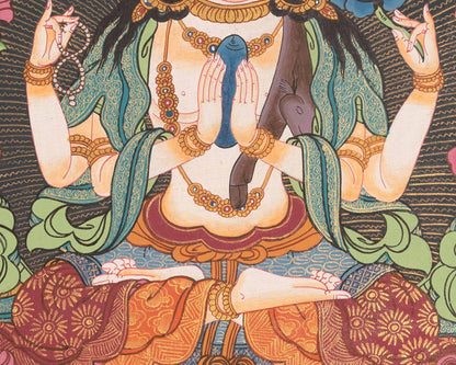 Hand Painted Avalokiteshvara Chengrezig Thangka With Brocade | Deity Of Compassion