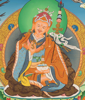 Guru Rinpoche Thangka Painting With Brocade | Tibetan Buddhist Wall Hanging Art