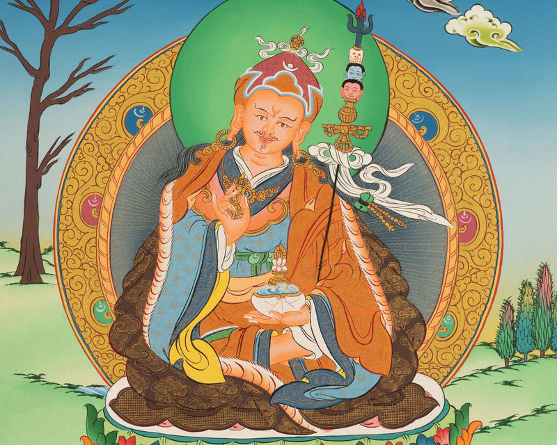 Guru Rinpoche Thangka Painting With Brocade | Tibetan Buddhist Wall Hanging Art