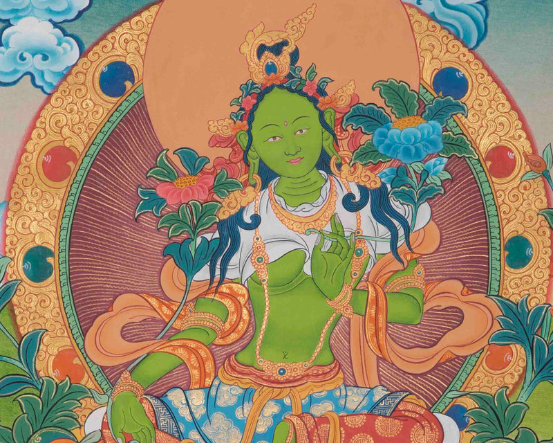 Green Tara Thangka With Brocade | Hand Painted Tara Thangka for Meditation