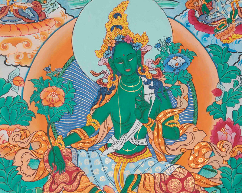 Green Tara Divine Mother Thangka Painting With Brocade | Bodhisattva Wall hanging Decor