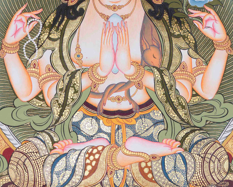 4 Armed Chengrezig Thangka Painting | Yoga And Meditation Home Decor