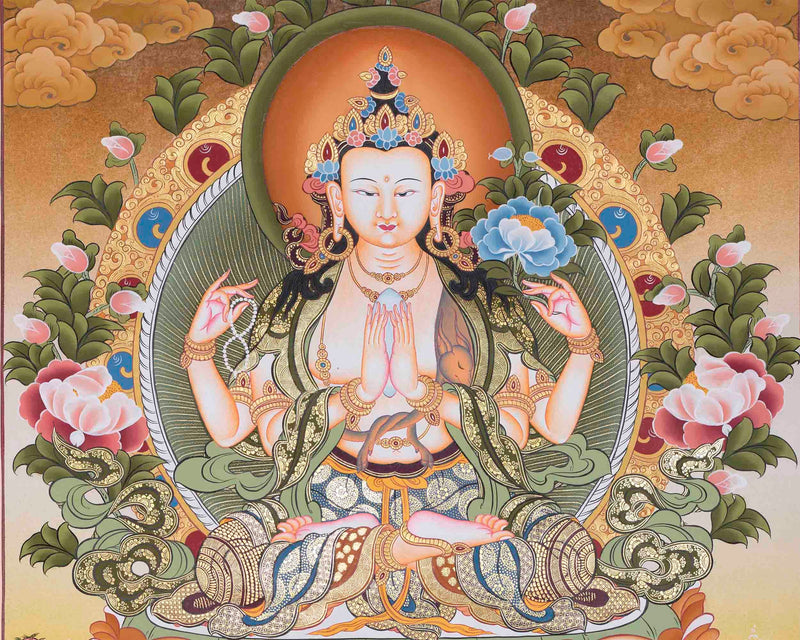 4 Armed Chengrezig Thangka Painting | Yoga And Meditation Home Decor