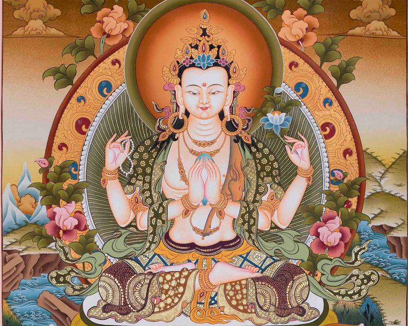 Avalokiteshvara Chengrezig Thangka Painting | Deity Of Compassion