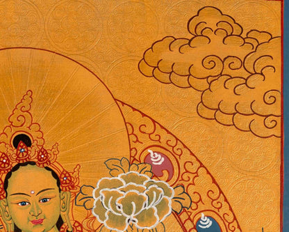 Green Tara Thangka with Brocade | Hand Painted in Gold Style