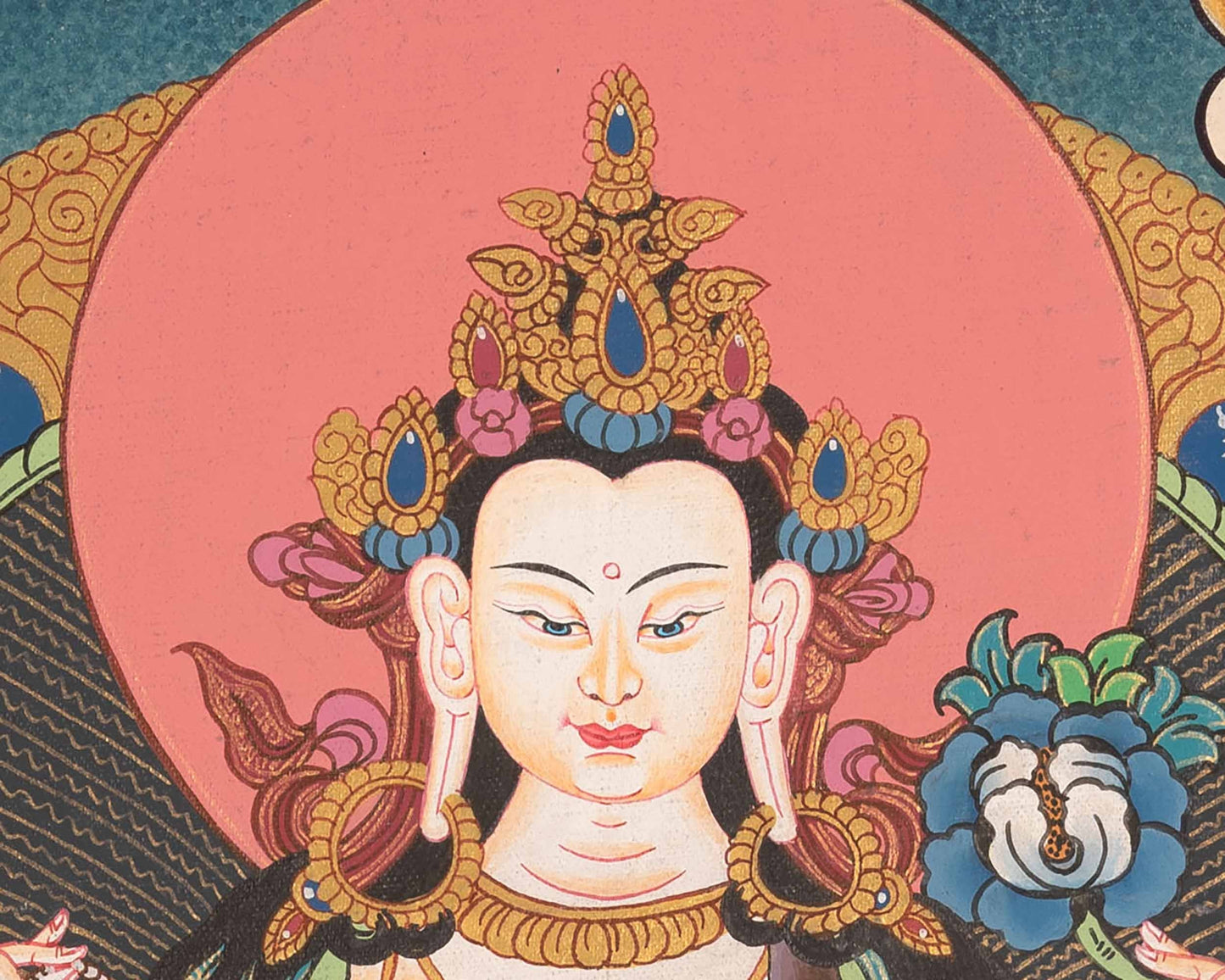 Hand Painted Avalokiteshvara Chengrezig Thangka With Brocade | Deity Of Compassion