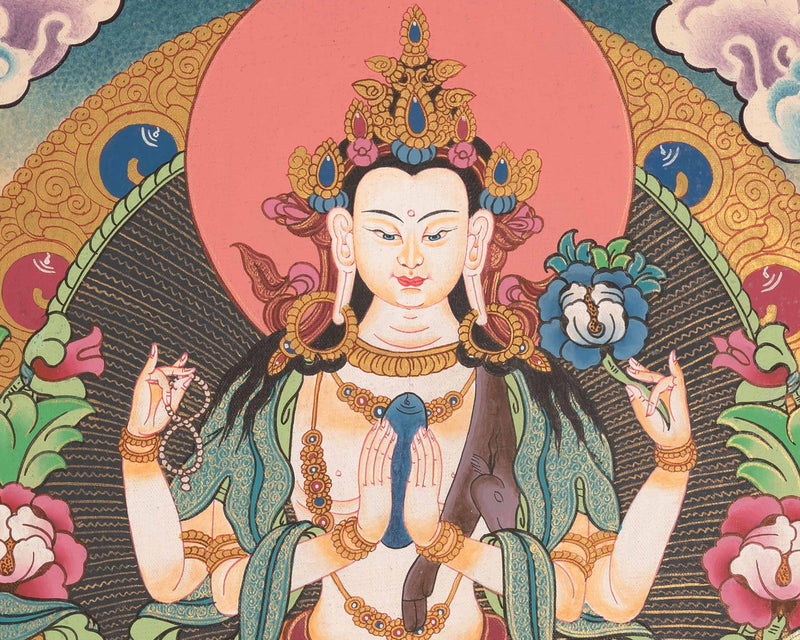 Hand Painted Avalokiteshvara Chengrezig Thangka With Brocade | Deity Of Compassion