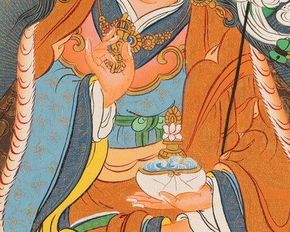 Guru Rinpoche Thangka Painting With Brocade | Tibetan Buddhist Wall Hanging Art