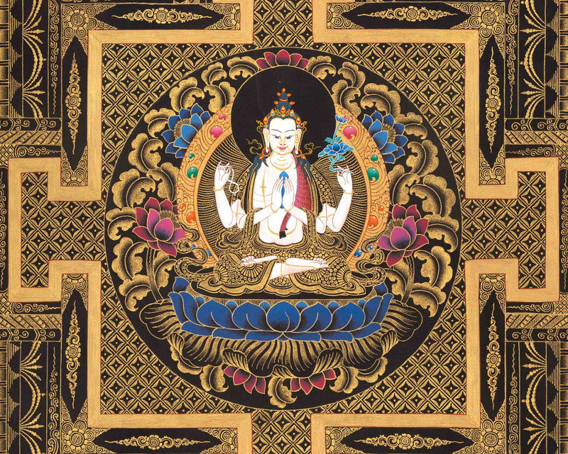 Original Hand-Painted Chengrezig Mandala  | Fine Quality Avalokitesvara Thangka Painting