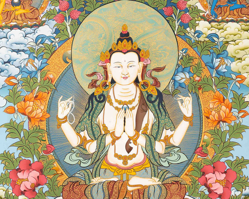 4 Armed Chengrezig Thangka Thangka Art | Bodhisattva Guanyin Chenrezig Painting