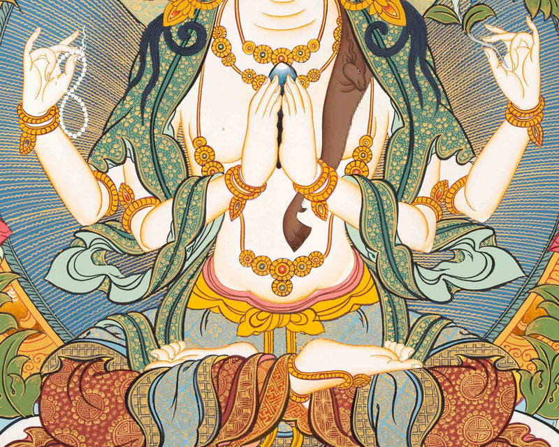 4 Armed Chengrezig Thangka Thangka Art | Bodhisattva Guanyin Chenrezig Painting