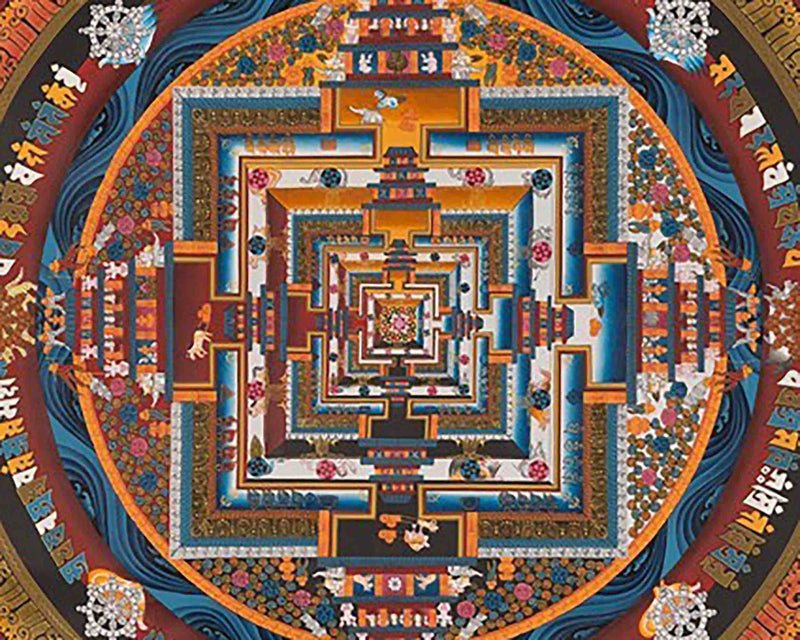 Original Hand Painted Fine Quality Kalchakra Mandala Thangka | Orange Colored Tibetan Buddhist Wheel Of Time Mandala