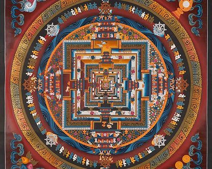 Original Hand Painted Fine Quality Kalchakra Mandala Thangka | Orange Colored Tibetan Buddhist Wheel Of Time Mandala