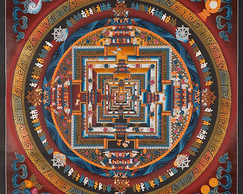 Original Hand Painted Fine Quality Kalchakra Mandala Thangka | Orange Colored Tibetan Buddhist Wheel Of Time Mandala