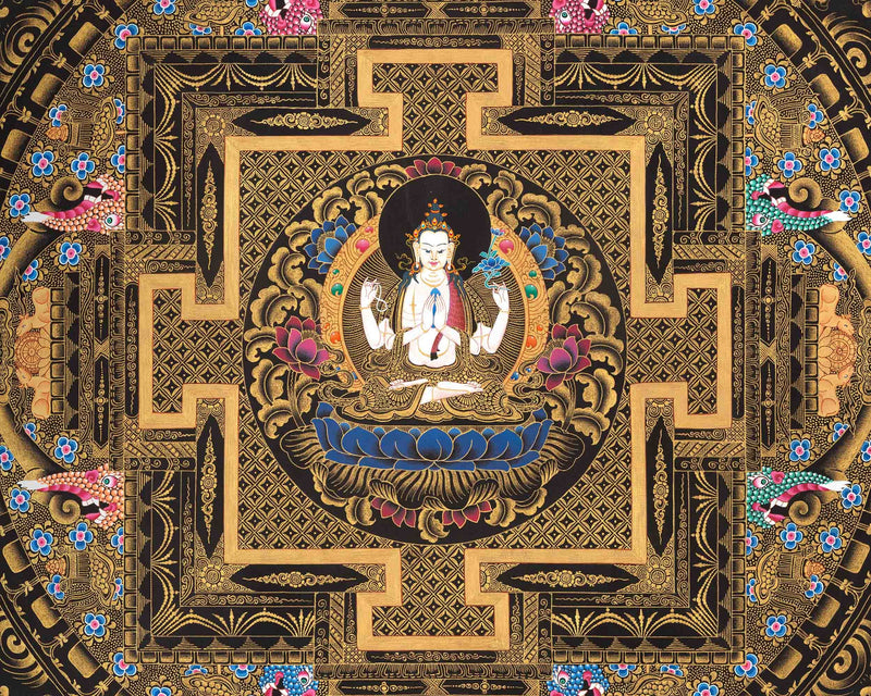 Original Hand-Painted Chengrezig Mandala  | Fine Quality Avalokitesvara Thangka Painting