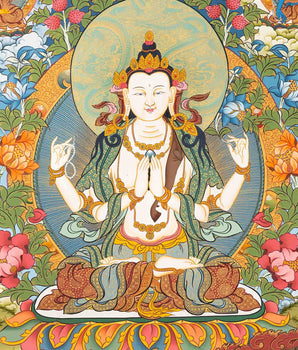 4 Armed Chengrezig Thangka Thangka Art | Bodhisattva Guanyin Chenrezig Painting