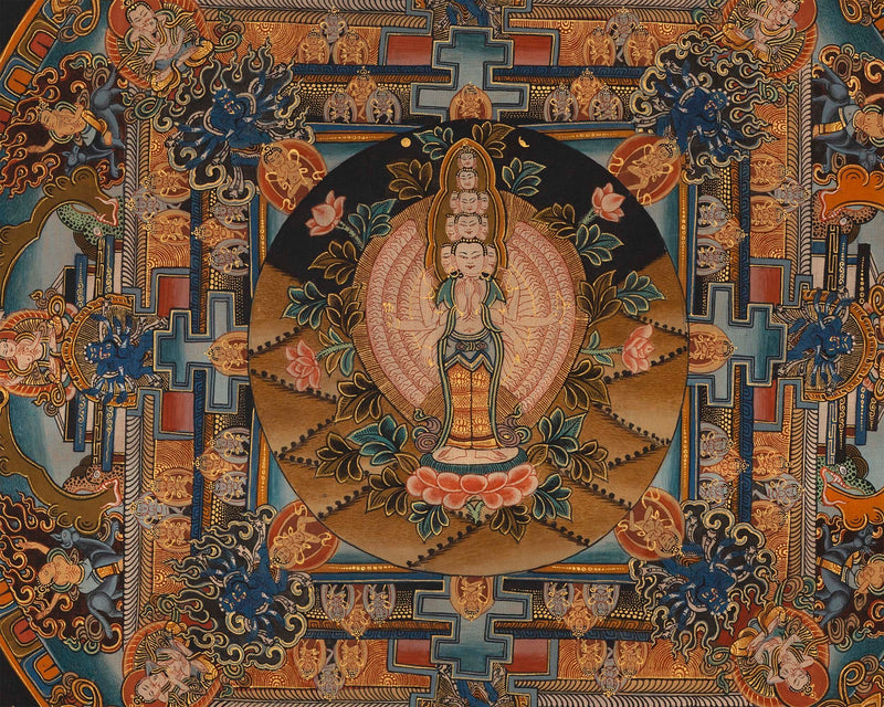 Tibetan Mandala With 1000 Armed Avalokiteshvara | Traditional Wall Hanging Buddhist Painting