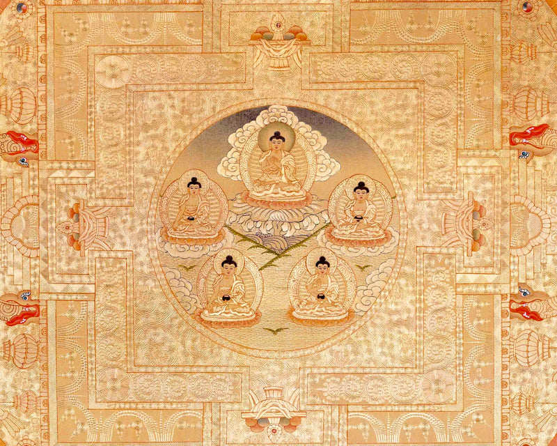 Shakyamuni Buddha And 5 Dhyani Buddha Mandala Thangka | Wall Hanging Yoga Meditation Canvas Art | Fine Quality All Gold Style Painting