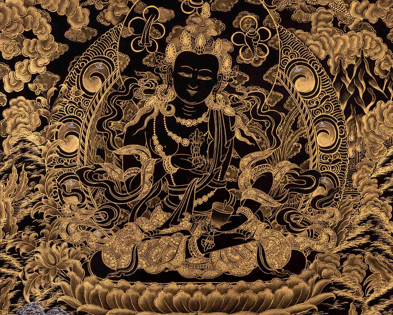 Black and Gold Shakyamuni Buddha & Bodhisattvas Thangka | Wall Decor Gifts