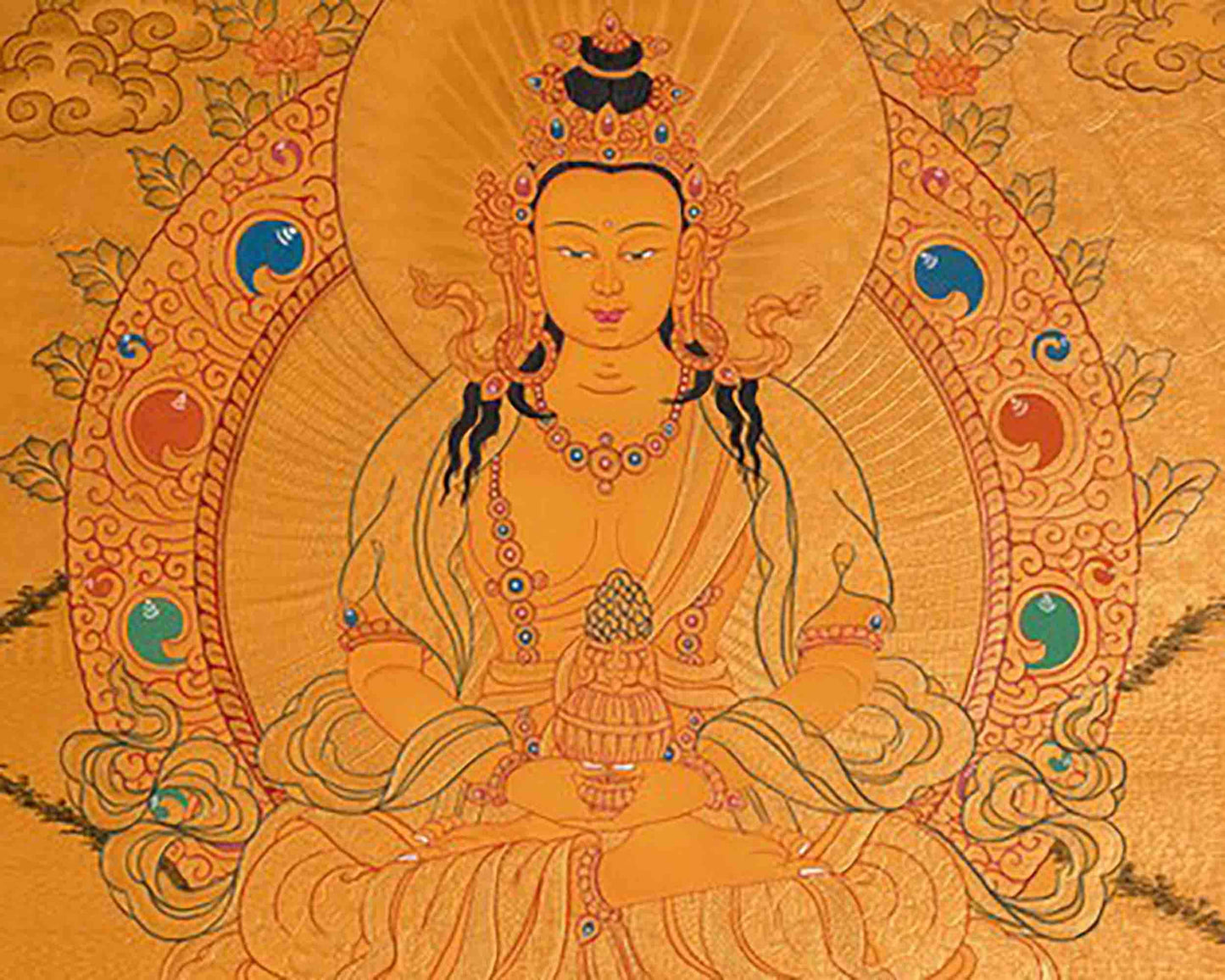 24k Gold Style Original Tibetan Buddhist Painting Of Shakyamuni Buddha, Amitayus Buddha, and Green Tara Thangka