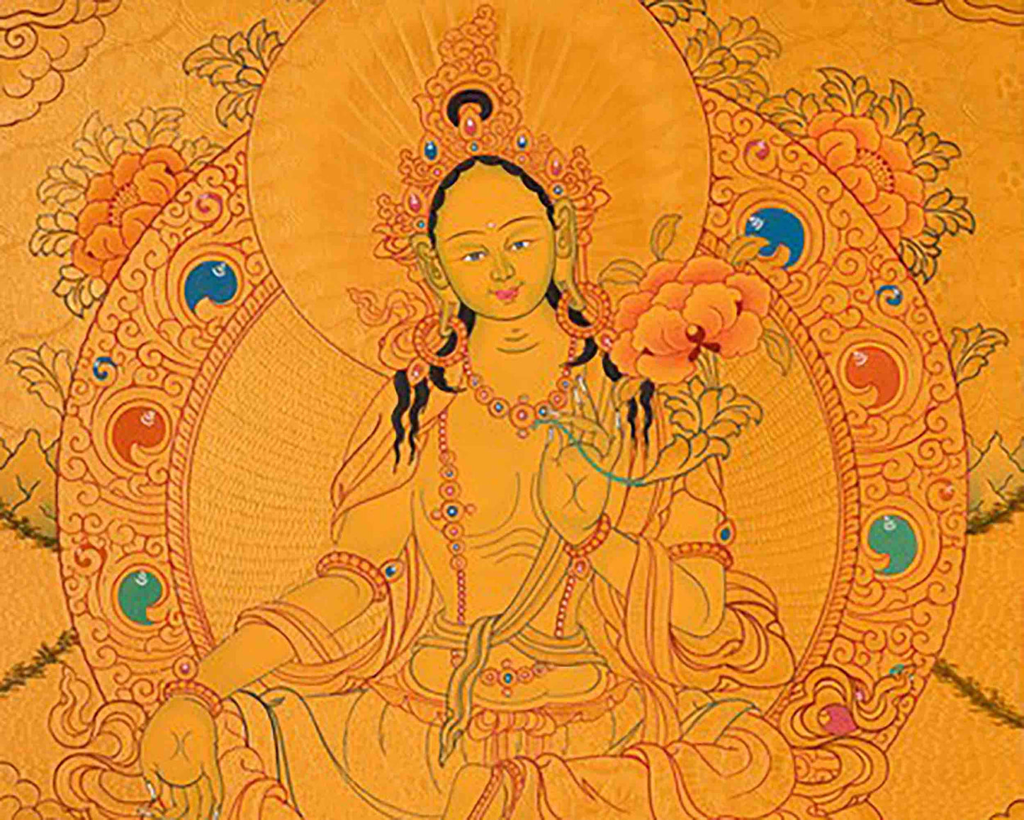 24k Gold Style Original Tibetan Buddhist Painting Of Shakyamuni Buddha, Amitayus Buddha, and Green Tara Thangka