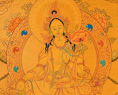 24k Gold Style Original Tibetan Buddhist Painting Of Shakyamuni Buddha, Amitayus Buddha, and Green Tara Thangka