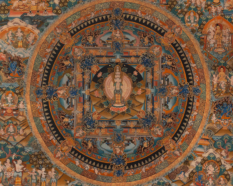 Tibetan Mandala With 1000 Armed Avalokiteshvara | Traditional Wall Hanging Buddhist Painting