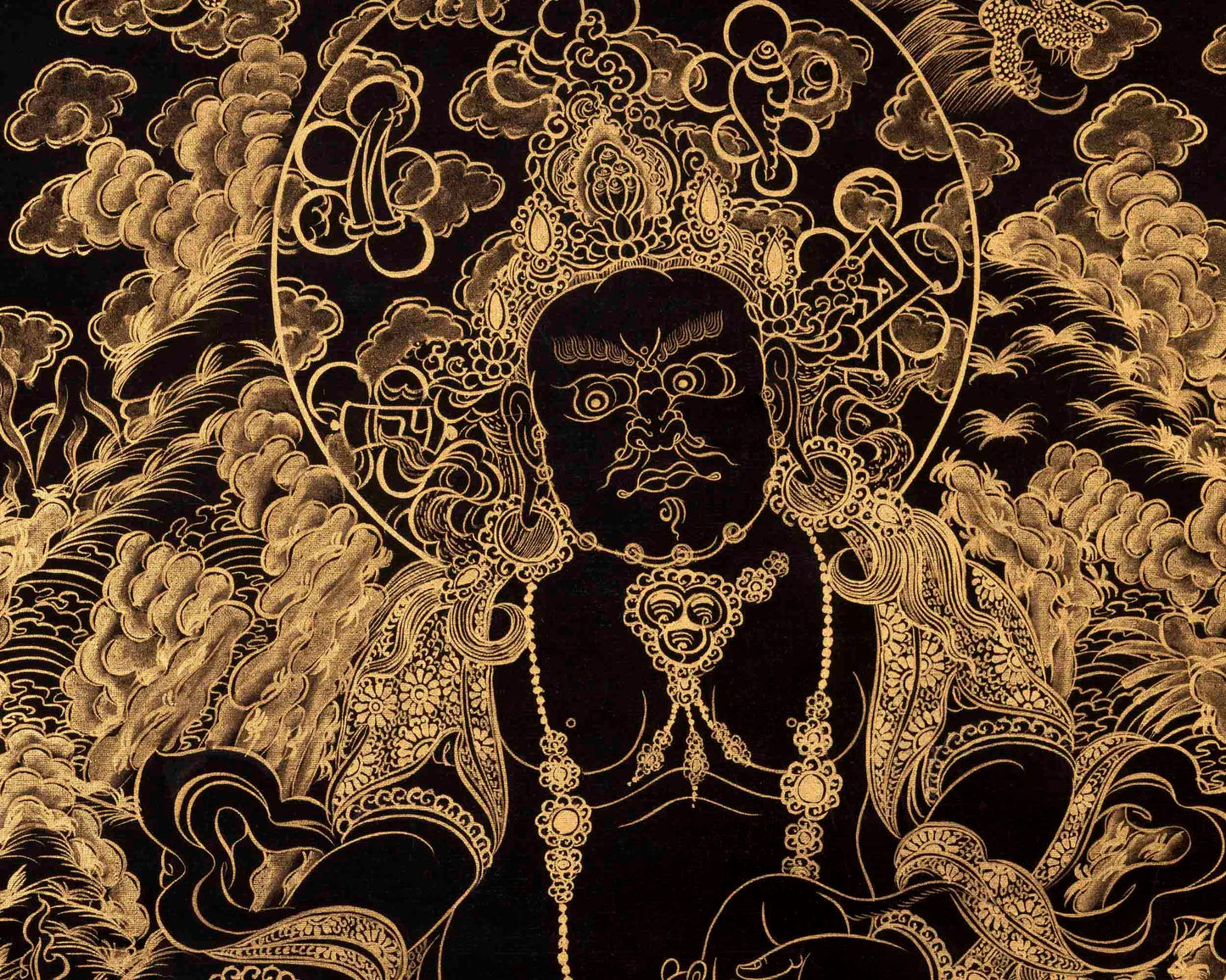 Black and Gold Shakyamuni Buddha & Bodhisattvas Thangka | Wall Decor Gifts