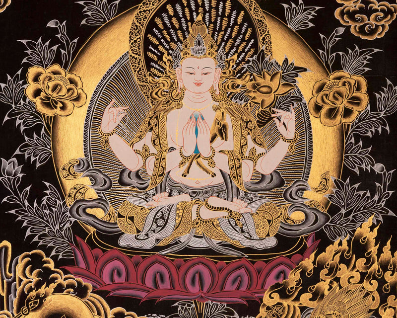 Amitabha Buddha, Dzambala, and Chengrezig Thangka | Original Hand-Painted Red Buddha