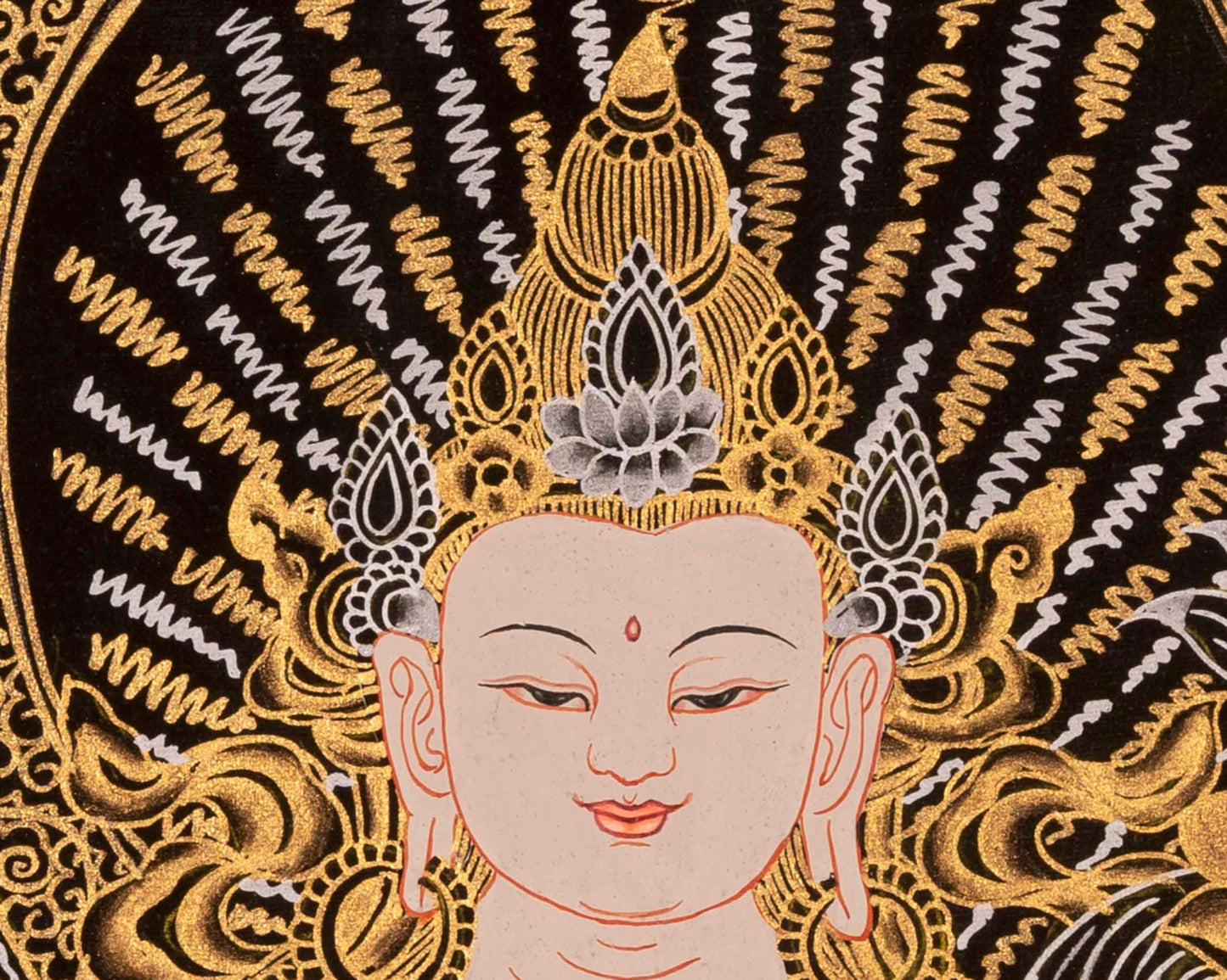 Amitabha Buddha, Dzambala, and Chengrezig Thangka | Original Hand-Painted Red Buddha