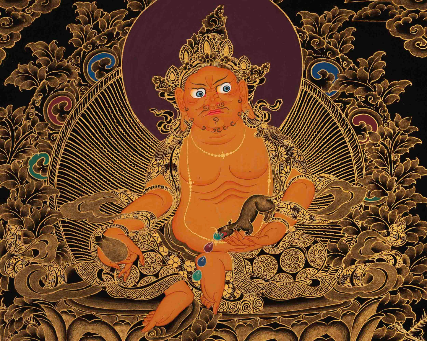 Amitabha Buddha, Dzambala, and Chengrezig Thangka | Original Hand-Painted Red Buddha