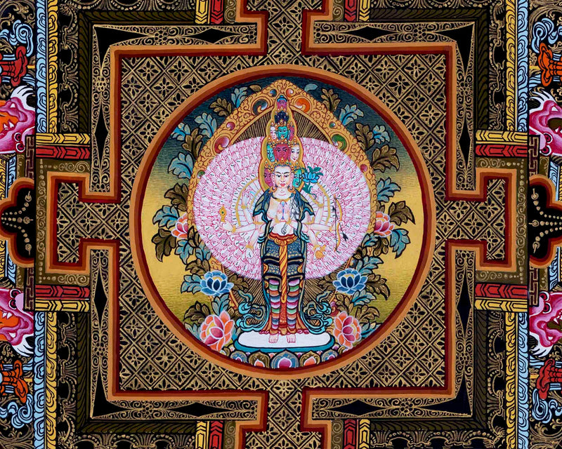 Original Hand-Painted Lokeshvara and White Tara Mandala Thangka | Tibetan Wall Hanging