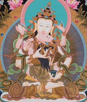 Vajrasattva Shakti Thangka | Tibetan Dorje Sempa Yab Yum 24K Gold Painting Figure