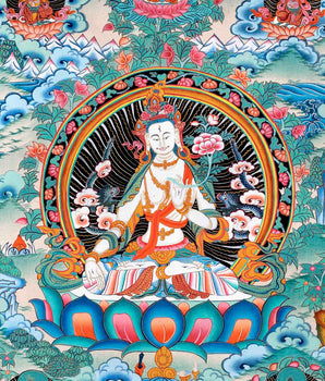 Vintage White Tara Thangka Art | Original Hand Painted Tibetan Buddhist Painting | Wall Hanging Decoration |