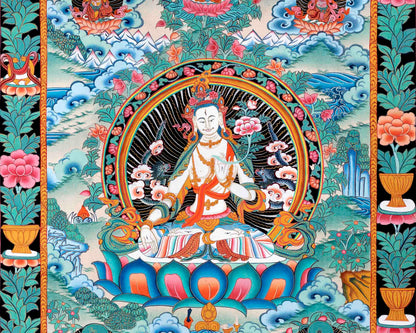 Vintage White Tara Thangka Art | Original Hand Painted Tibetan Buddhist Painting | Wall Hanging Decoration |