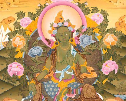 Original Hand Painted Green Tara Buddhist Thangka | Tibetan Dolma Himalayan Art