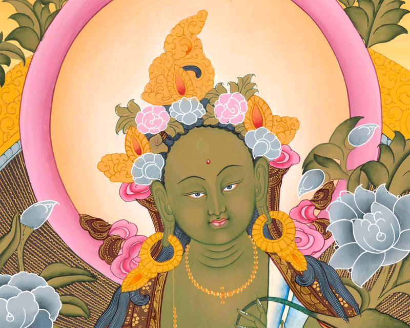 Original Hand Painted Green Tara Buddhist Thangka | Tibetan Dolma Himalayan Art