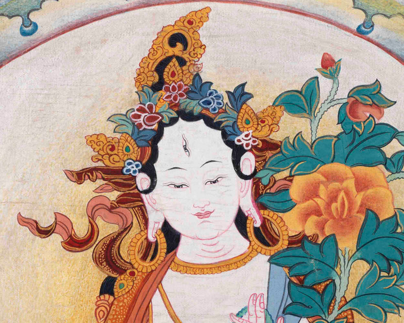 Vintage White Tara Thangka Art | Original Hand Painted Tibetan Buddhist Painting | Meditation And Yoga |