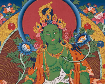 Green Tara Thangka | Original Hand Painted Healing Female Deity | Healing Tara Painting | Art Painting for Meditation and Yoga | Wall Decor