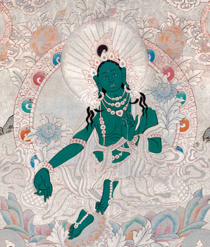 Silver Style Green Tara Thangka Art | Original Hand Painted Thangka Painting | Wall Hanging For Meditation And Yoga |