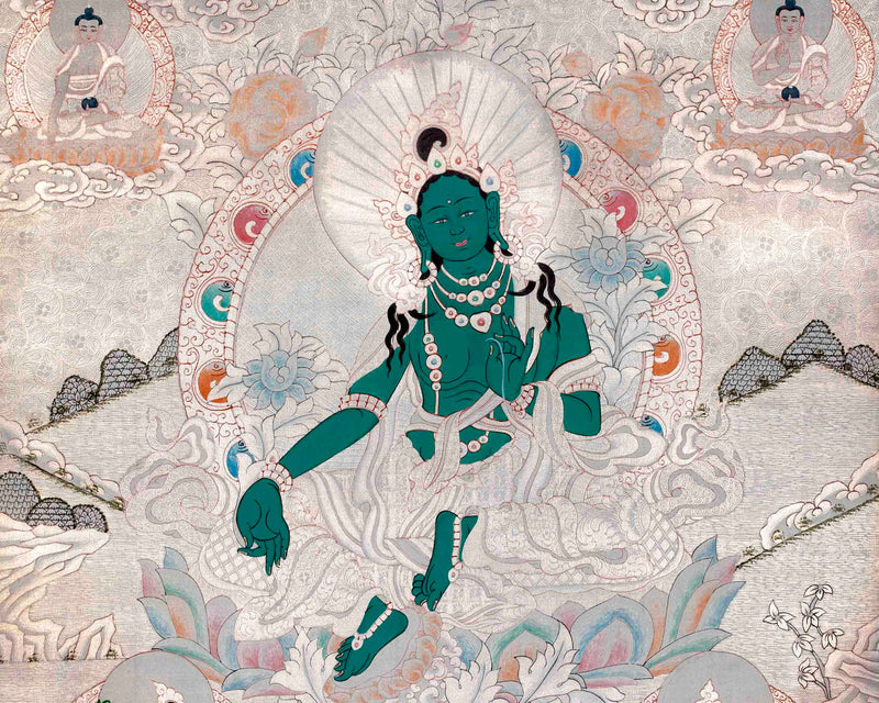 Silver Style Green Tara Thangka Art | Original Hand Painted Thangka Painting | Wall Hanging For Meditation And Yoga |