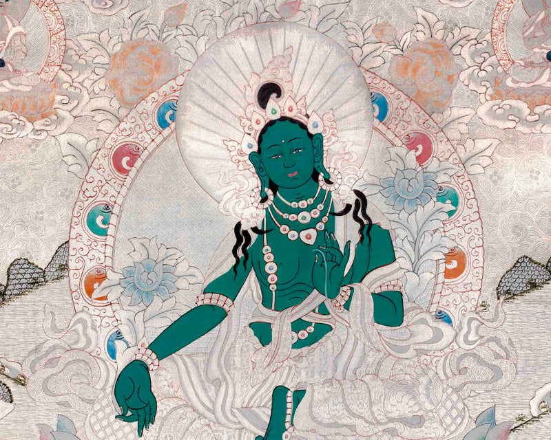 Silver Style Green Tara Thangka Art | Original Hand Painted Thangka Painting | Wall Hanging For Meditation And Yoga |