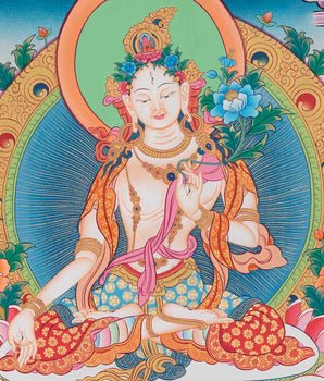 White Tara Thangka Art | Original Hand Painted Female Bodhisattva Art | Wall Decoration Painting |