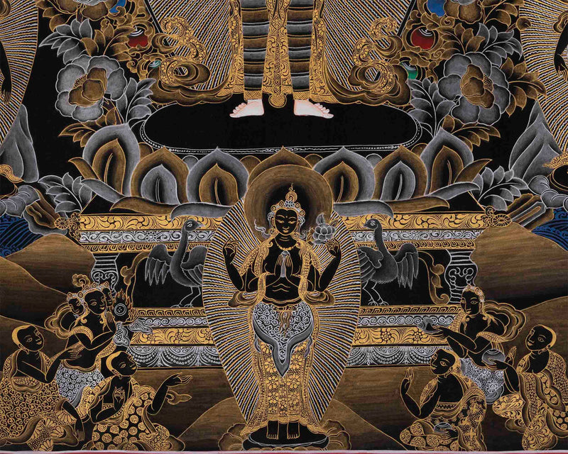 Black and Gold Original 1000 Armed Avalokiteshvara Thangka | Bodhisattva Guanyin Art