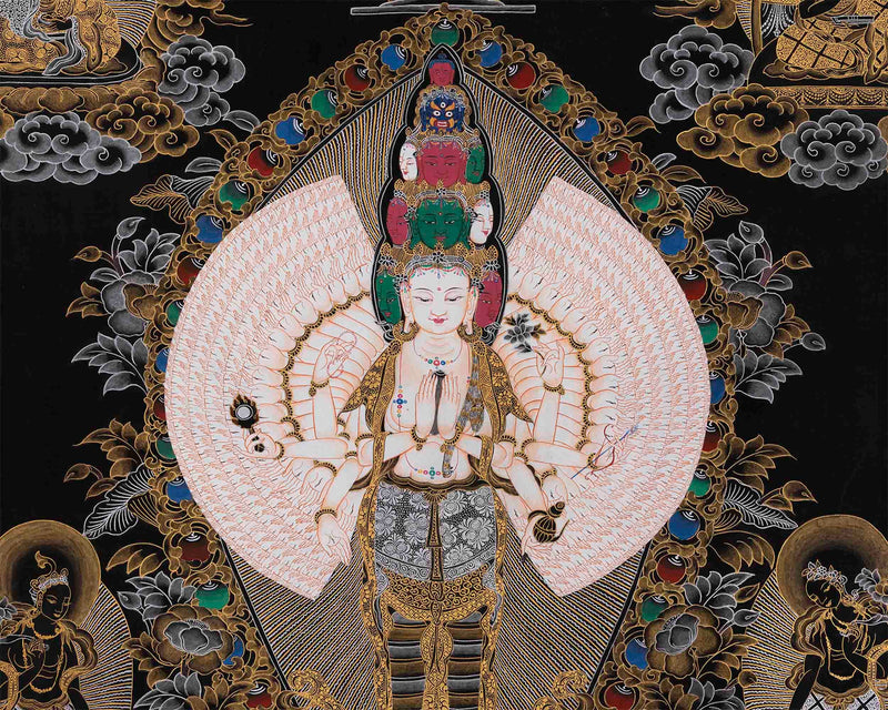 Black and Gold Original 1000 Armed Avalokiteshvara Thangka | Bodhisattva Guanyin Art