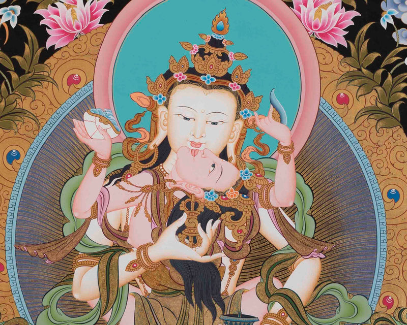 Vajrasattva Shakti Thangka | Tibetan Dorje Sempa Yab Yum 24K Gold Painting Figure