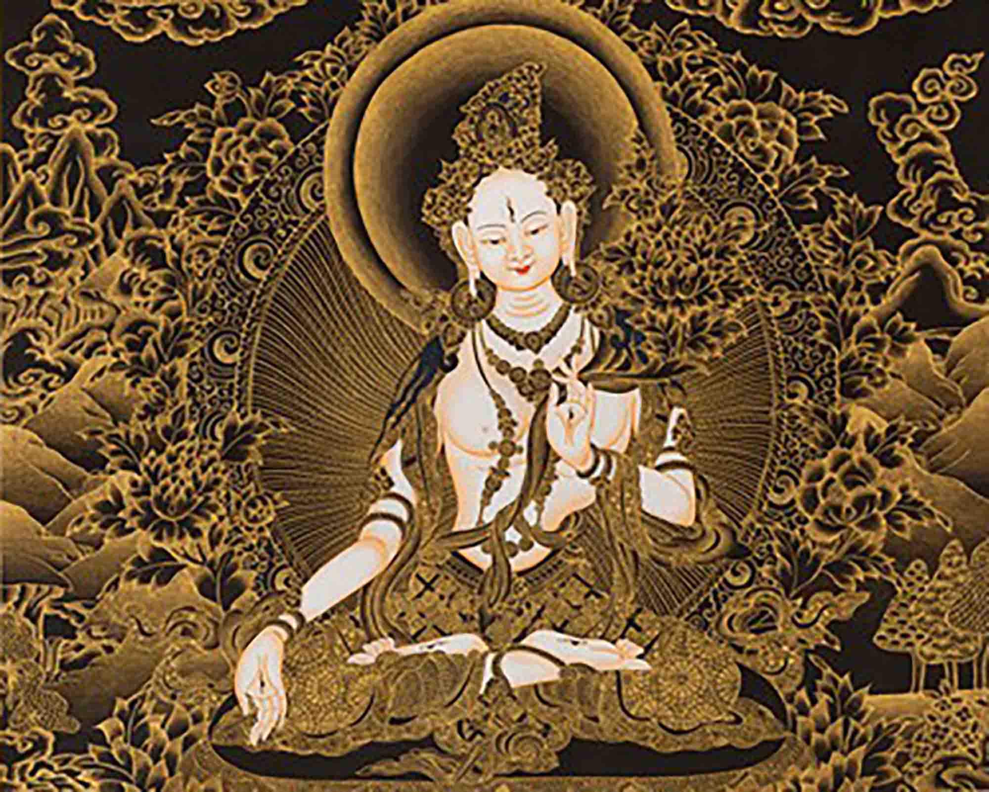 Black and Gold Style White Tara Thangka Art | Original Hand Painted Tibetan Thangka Painting | Meditation And Yoga | Wall Hanging Decoration