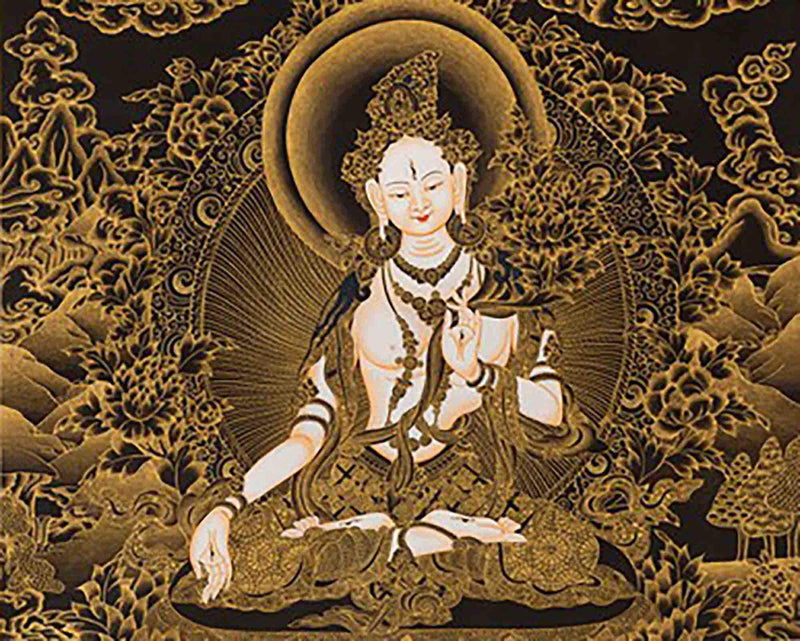 Black and Gold Style White Tara Thangka Art | Original Hand Painted Tibetan Thangka Painting | Meditation And Yoga | Wall Hanging Decoration