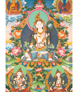 White Tara Thangka Flanked By Other Bodhisattva | Wall Decoration Painting | Art Painting for Meditation and Good Luck to house